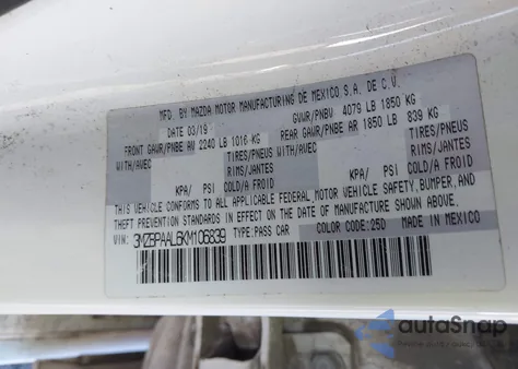 2019 Mazda Mazda3 Select Package from USA, damaged, VIN 3MZBPAAL6KM106839